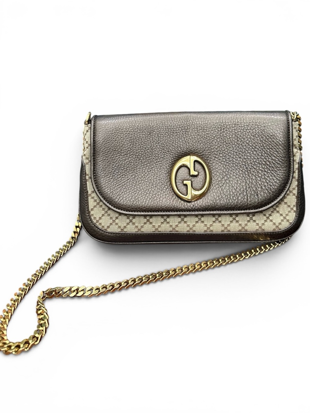 Gucci Interlocking G GG Diamante Canvas & Leather Chain Shoulder Bag Brown